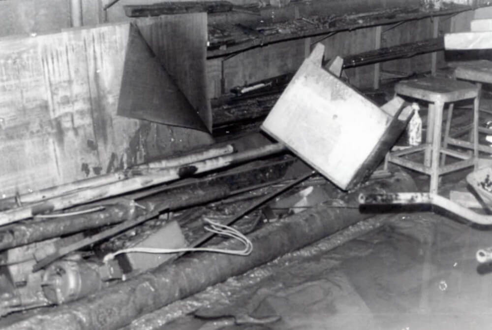 Stark Hall machine shop after Hurricane Agnes