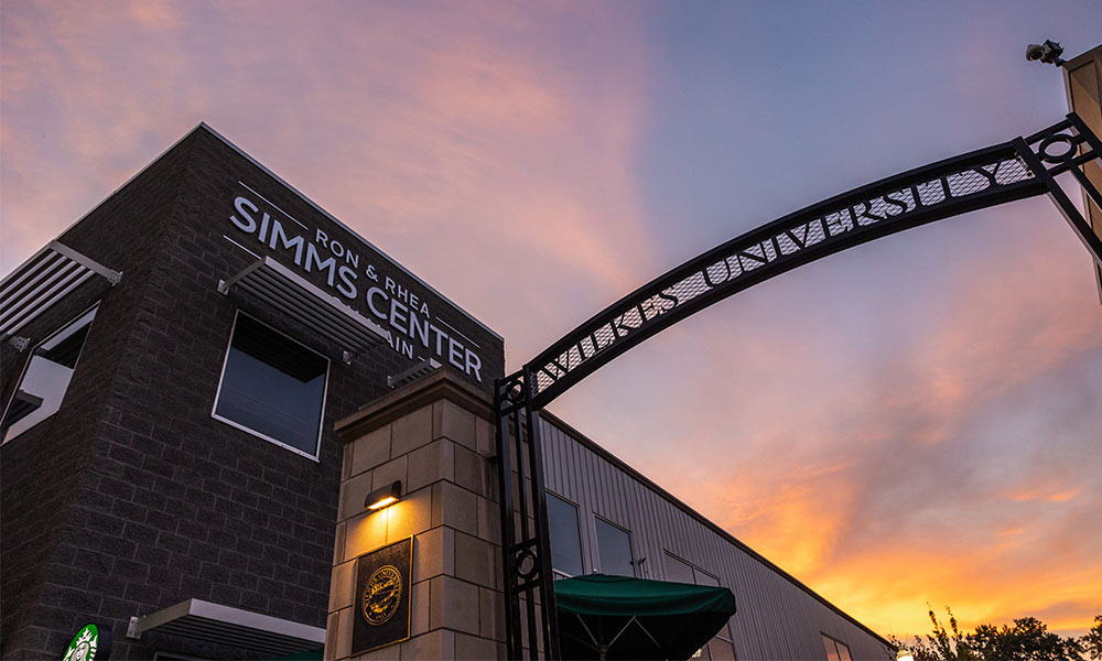Simms Center exterior during the evening