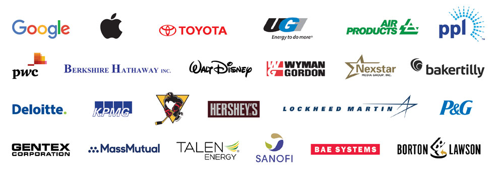 Logos of companies Wilkes students have interned