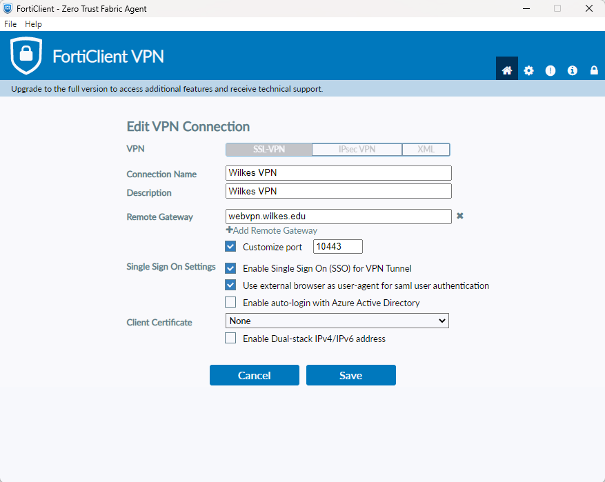 FortiClient VPN setup screen