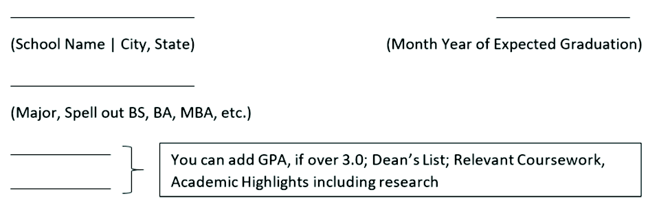 An example of the suggested layout of the education section of a resume