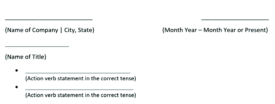 An example of the suggested layout of the experiences section of a resume.